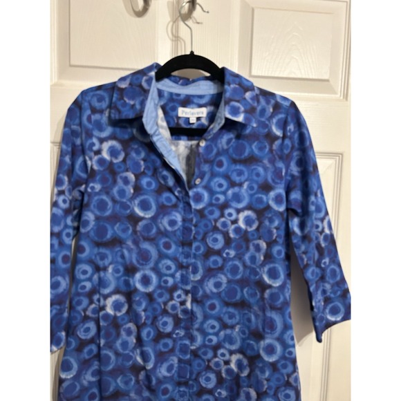 Perlavera XS Dress Blue Pattern Button Up Collar Cotton Preppy Comfort Chic - Picture 4 of 9